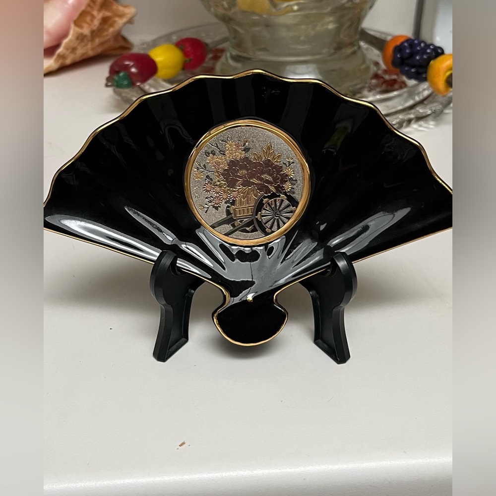 The Art of Chokin decorative black gold and pink Ceramic fan with stand